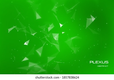 Abstract plexus background with network polygons. Green digital science banner. Network connection effect. Geometric triangle elements. Technology concept with shape structure.Vector illustration.