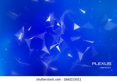 Abstract plexus background with network polygons. Blue digital science banner. Network connection effect. Geometric triangle elements. Technology concept with shape structure.Vector illustration.