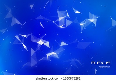 Abstract plexus background with network polygons. Blue digital science banner. Network connection effect. Geometric triangle elements. Technology concept with shape structure.Vector illustration.