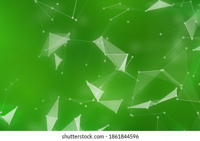 Abstract plexus background with network polygons. Green digital science banner. Network connection effect. Geometric triangle elements. Technology concept with shape structure.Vector illustration.