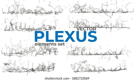 Abstract plexus design elements set. Geometric structures from dots and lines. Polygonal plexus elements isolated on white background.