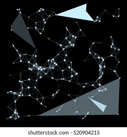 Abstract plexus structure forming a geometric pattern on a black background. Network connection between dots and lines
