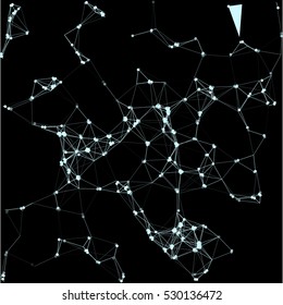 Abstract plexus structure forming a geometric pattern on a black background. Network connection between dots and lines