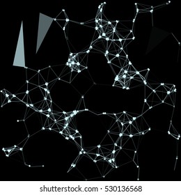 Abstract plexus structure forming a geometric pattern on a black background. Network connection between dots and lines