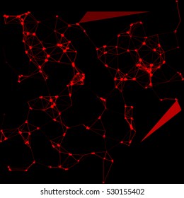 Abstract plexus structure forming a geometric pattern on a black background. Network connection between dots and lines