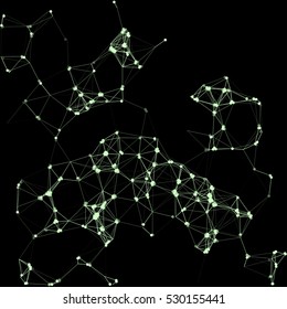 Abstract plexus structure forming a geometric pattern on a black background. Network connection between dots and lines