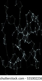 Abstract plexus structure forming a geometric pattern on a black background. Network connection between dots and lines