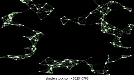 Abstract plexus structure forming a geometric pattern on a black background. Network connection between dots and lines