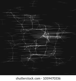 Abstract plexus structure with glitch effect on a black background. Network connection between dots and lines. Suitable for illustration of block chain technology.