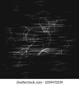 Abstract plexus structure with glitch effect on a black background. Network connection between dots and lines. Suitable for illustration of block chain technology.