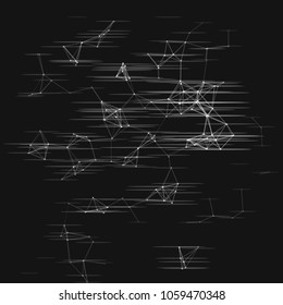 Abstract plexus structure with glitch effect on a black background. Network connection between dots and lines. Suitable for illustration of block chain technology.