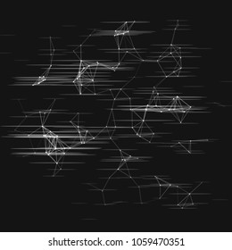 Abstract plexus structure with glitch effect on a black background. Network connection between dots and lines. Suitable for illustration of block chain technology.