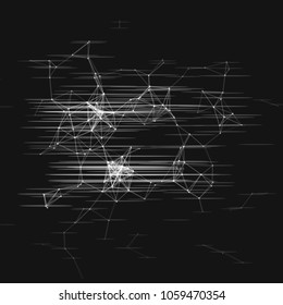 Abstract plexus structure with glitch effect on a black background. Network connection between dots and lines. Suitable for illustration of block chain technology.