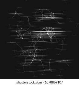 Abstract plexus structure with glitch effect on a black background. Network connection between dots and lines. Suitable for illustration of block chain technology.