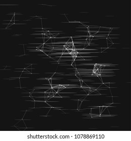 Abstract plexus structure with glitch effect on a black background. Network connection between dots and lines. Suitable for illustration of block chain technology.
