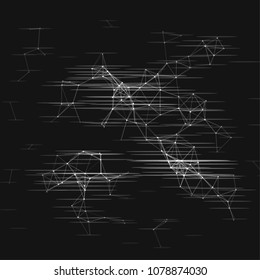 Abstract plexus structure with glitch effect on a black background. Network connection between dots and lines. Suitable for illustration of block chain technology.