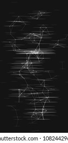 Abstract plexus structure with glitch effect on a black background. Network connection between dots and lines. Suitable for illustration of block chain technology.