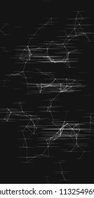 Abstract plexus structure with glitch effect on a black background. Network connection between dots and lines. Suitable for illustration of block chain technology.