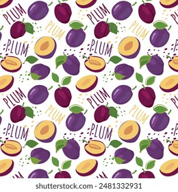 Abstract plum pattern in flat style. Fresh, delicious fruit seamless pattern. Vector background. Summer freshness for health. For background, juice, ice cream or packaging.