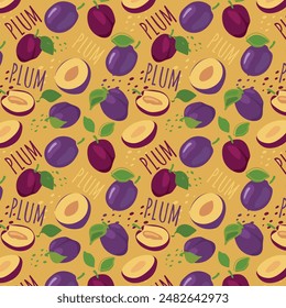 Abstract plum pattern in flat style. Fresh, delicious fruit seamless pattern. Vector background. Summer freshness for health. For background, juice, ice cream or packaging.
