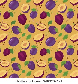 Abstract plum pattern in flat style. Fresh, delicious fruit seamless pattern. Vector background. Summer freshness for health. For background, juice, ice cream or packaging.
