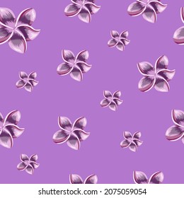 Abstract plumeria flower seamless pattern on purple background. Exotic tropical wallpaper. Abstract botanical backdrop. Design for fabric , textile print, wrapping, cover. Vector illustration.