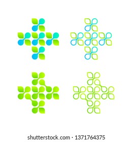 Abstract Plus logos with Green Leave and Dots cross, Medical Healthcare Hospital Cosmetics Symbol, Ecology and Biology Eco Plant sign, Technology Connection, Molecule and DNA Science Laboratory Icons