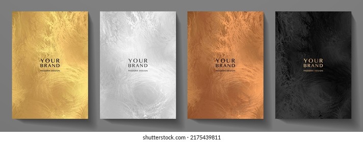 Abstract plush (fur) cover design set. Creative fashionable background with gold, black line pattern. Trendy vector collection for catalog, brochure template, magazine layout, beauty booklet - Shutterstock ID 2175439811