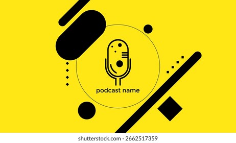 ABSTRAKTER PODCAST-HINTERGRUND MIT MIKROFON FLACHGELB SCHWARZ FARBE DIAGONALE FORMEN DESIGN-VEKTOR. GUT FÜR DECKENDESIGN, BANNER, WEB, SOZIALE MEDIEN