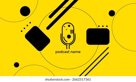 ABSTRACT PODCAST BACKGROUND WITH MICROPHONE FLAT YELLOW BLACK COLOR DIAGONAL SHAPES DESIGN  VECTOR. GOOD FOR COVER DESIGN, BANNER, WEB,SOCIAL MEDIA