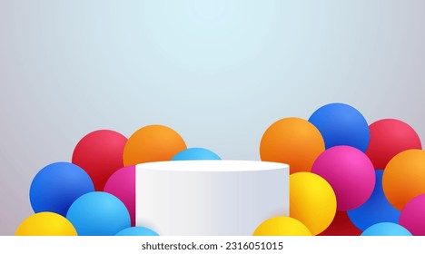 Abstract podium background with colorful baloons. Product presentation, mock up, show cosmetic product, Podium, stage pedestal or platform. Vector illustration