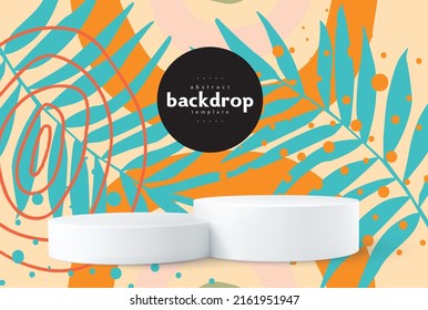 abstract podium with fern theme and sphere line shape on orange half sphere background can be use for product package design label for food and beverage advertisement poster