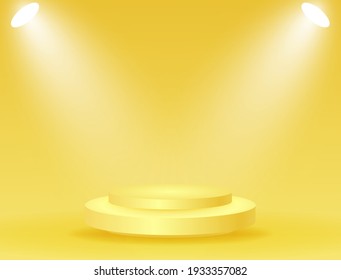 Abstract podium with lighting gold color on a yellow background. Podium stage for an award ceremony or performance by an artist. Stock vector illustration.