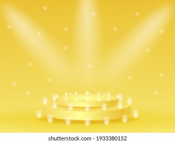 Abstract podium with lighting gold color on a yellow background. Podium stage for an award ceremony or performance by an artist. Stock vector illustration.