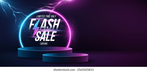 Abstract podium with lightning effect and glowing neon arc for Flash Sale. Pedestal to display your brand product. Business template design. Vector illustration. EPS 10