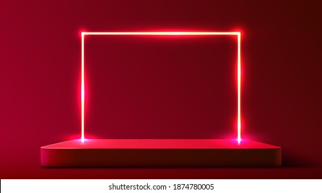 Abstract podium with neon frame illuminated with spotlight. Award ceremony concept. Stage backdrop. Vector illustration