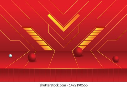 Abstract Podium In Red Empty Room With Various Round Object Background