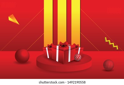 Abstract Podium In Red Empty Room With Various Round Object Background