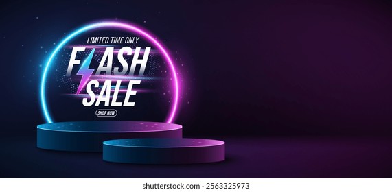 Abstract podium with sparkling glowing neon arc for Flash Sale. Pedestal to display your brand product. Business template design. Vector illustration. EPS 10