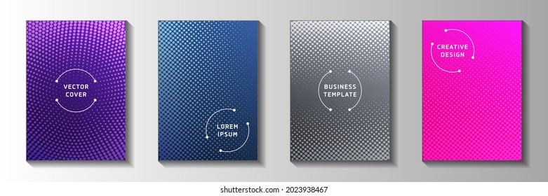 Abstract point perforated halftone cover page templates vector batch. School banner faded halftone backgrounds. Vintage manga comics style front page layouts. Optical effects.