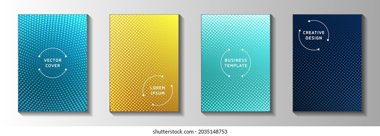 Abstract point perforated halftone cover templates vector batch. Geometric banner faded halftone backgrounds. Retro manga comics style front page layouts. Optical effects.