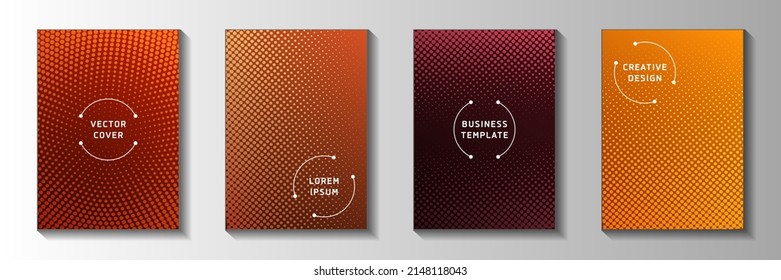 Abstract point perforated halftone front page templates vector set. Business catalog faded halftone backdrops. Vintage cartoon comics style cover layouts. Distressed prints.