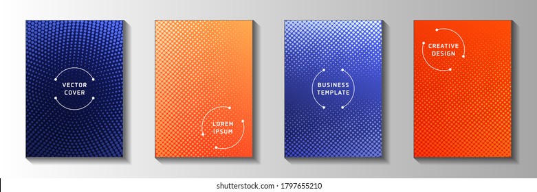 Abstract point perforated halftone title page templates vector batch. School booklet faded halftone backgrounds. Retro cartoon comics style front page layouts. Optical effects.