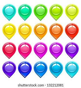 Abstract pointers location for the map. There are different colors in the set: yellow, green, magenta, orange, purple, pink, violet, red, blue, crimson, azure. Vector illustration eps10