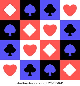 Abstract poker pattern hearts,clubs,spades and diamonds, square geometric poker card pattern, casino gambler sign, icon and symbol in blue red white and black color, flat design minimalist template