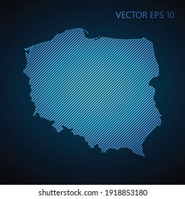 Abstract Poland map template made from blue diagonal lines on dark background. Vector illustration EPS10.