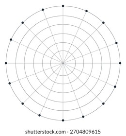 Diagrama de Grade Polar Abstrata com Círculos Concêntricos, Linhas Radiais e Pontos de Dados para Visualizações Geométricas ou Matemáticas.