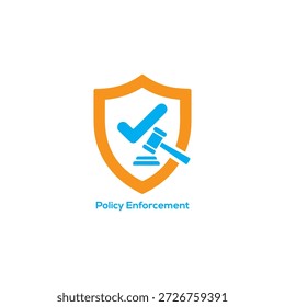 Icono de aplicación de políticas Abstractas Ilustración vectorial de escudo naranja con marca de verificación azul y mazo de juez para cumplimiento legal
