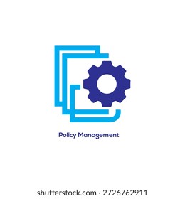 Abstract policy management icon vector illustration with light blue document frames and dark purple gear for business process administration
