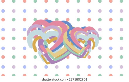 Abstract polka dot background with mulit layer heart shapes on pastel color tone, retro style. Vector Illustration. Use as wallpaper, background, card, poster, fabric pattern. EPS 10 